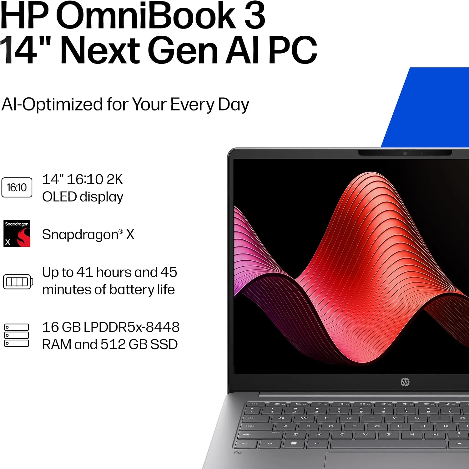 HP OmniBook 3 — Snapdragon X1, 16GB RAM, 512GB SSD, 14", Windows 11