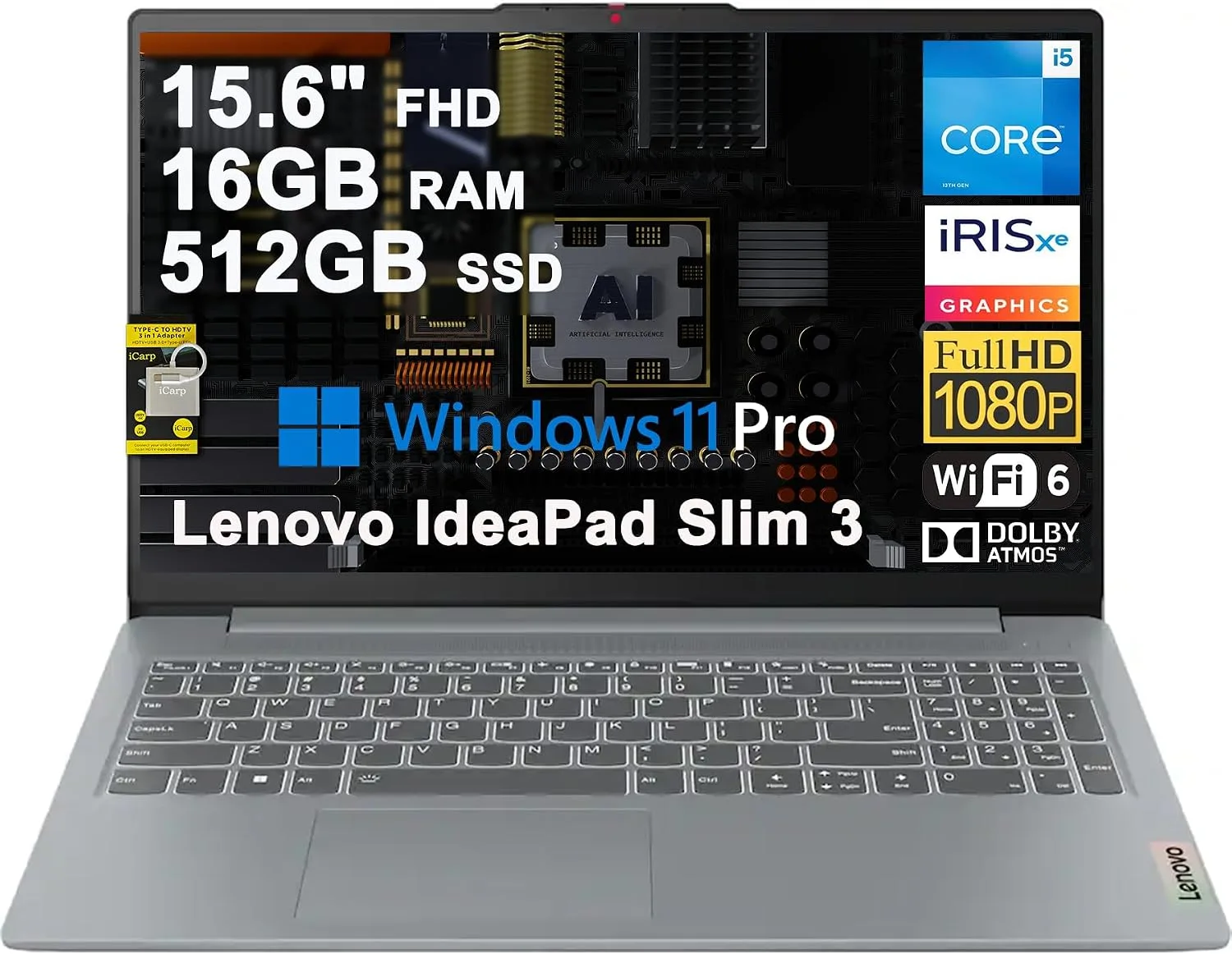 Lenovo IdeaPad Slim 3 — Core i5, 16GB RAM, 512GB SSD, 15 inch